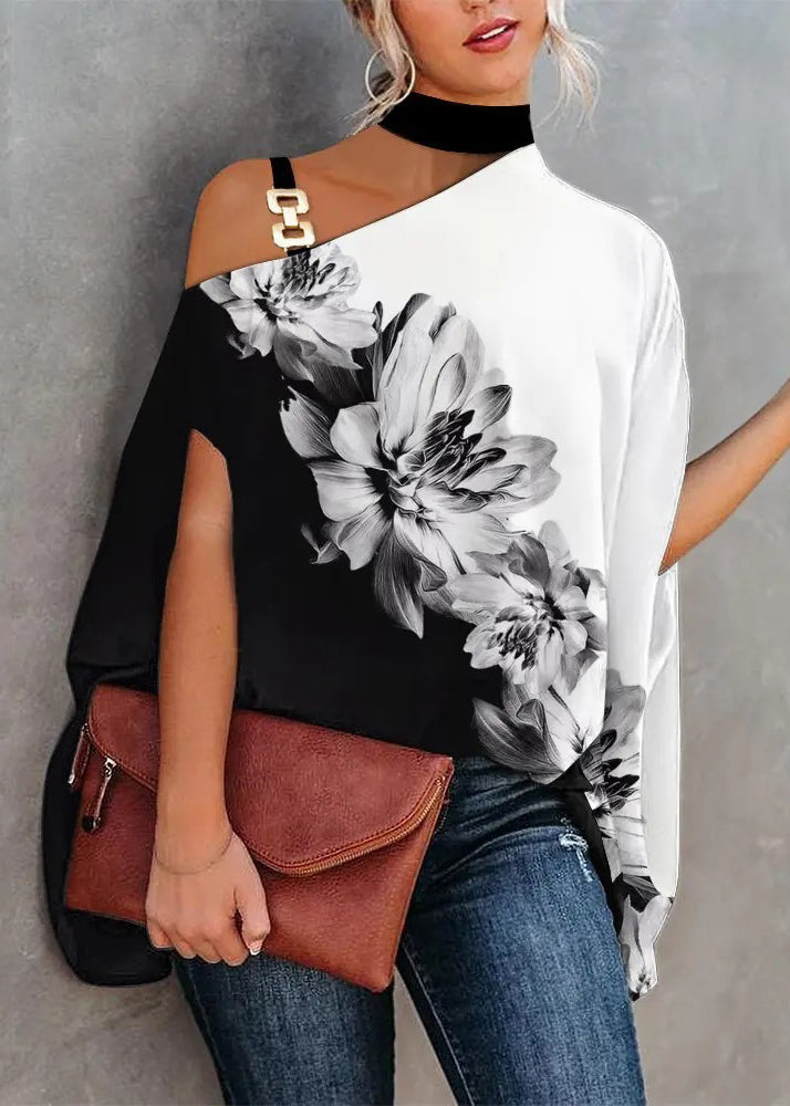 Loose White Asymmetrical Print Cotton Blouses Summer Tl026