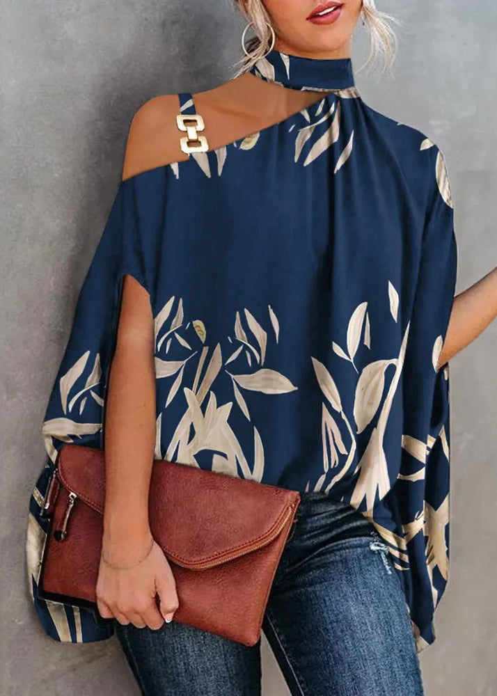 Loose White Asymmetrical Print Cotton Blouses Summer Tl026