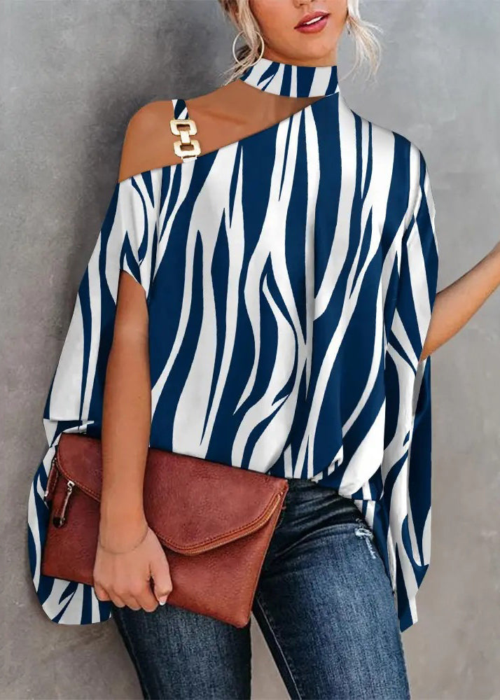 Loose White Asymmetrical Print Cotton Blouses Summer Tl026