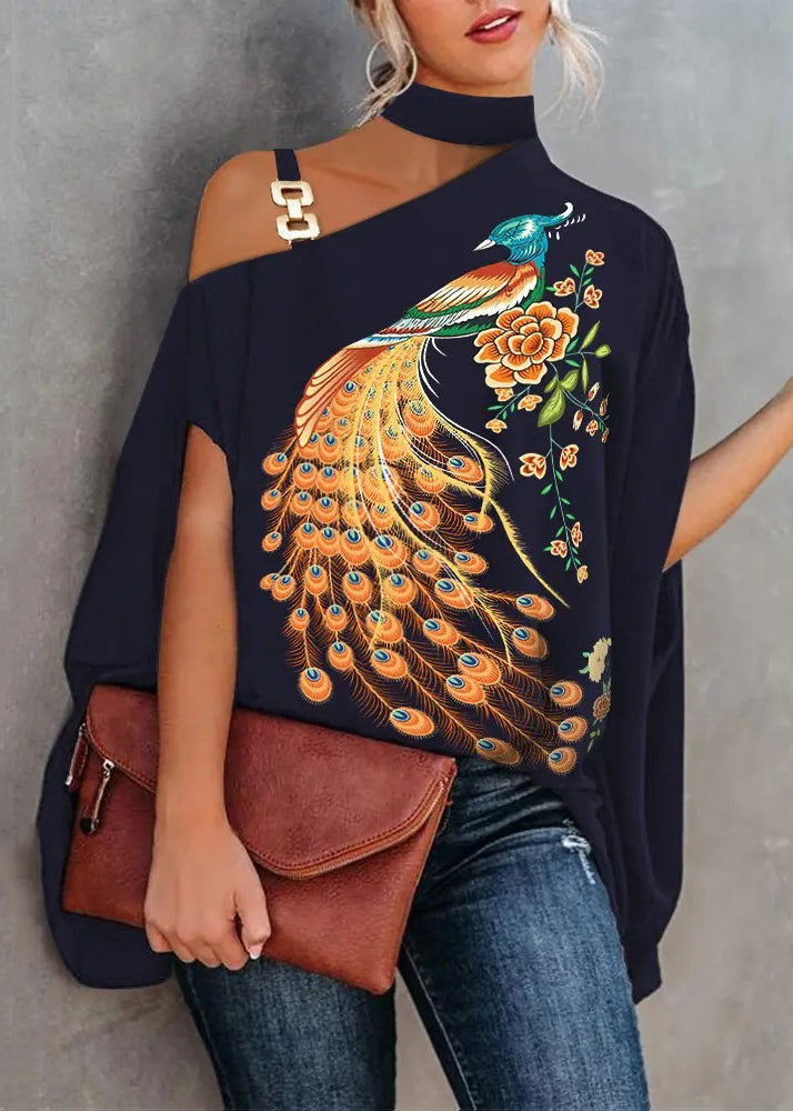 Loose White Asymmetrical Print Cotton Blouses Summer Tl026