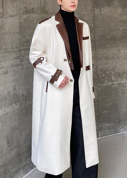 Loose White Button Pockets Patchwork Woolen Trench Coat Winter Ro042