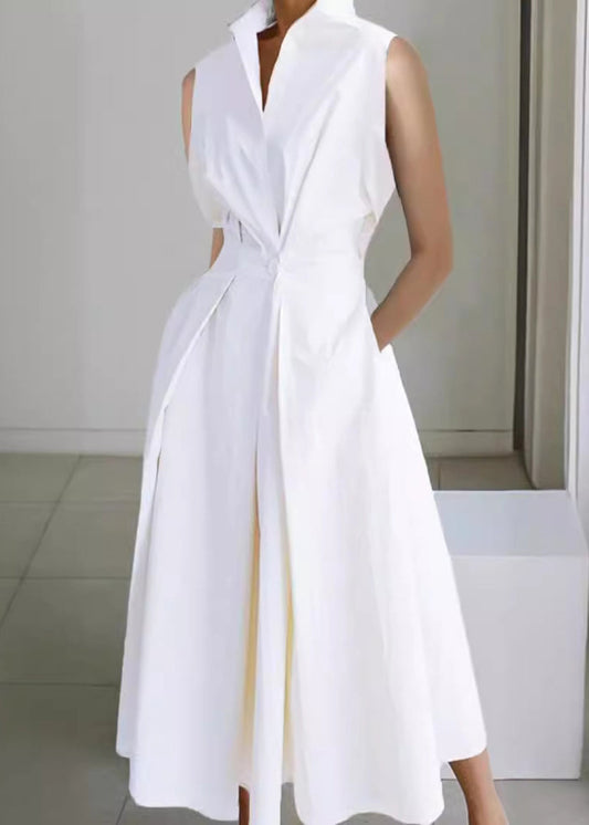 Sleeveless Button Loose Pockets Long Dress White Cotton