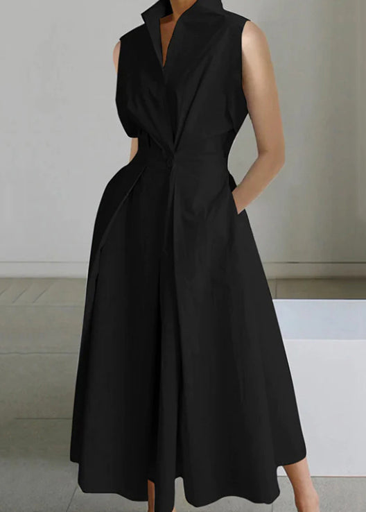 Sleeveless Button Loose Pockets Long Dress White Cotton
