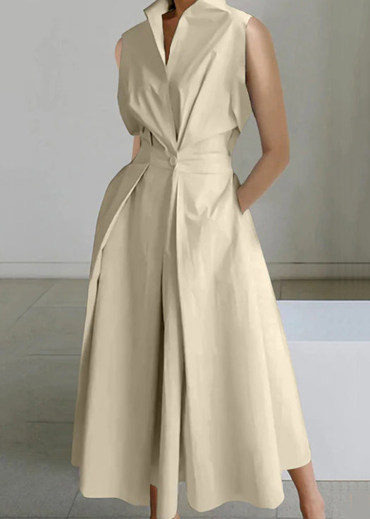 Sleeveless Button Loose Pockets Long Dress White Cotton