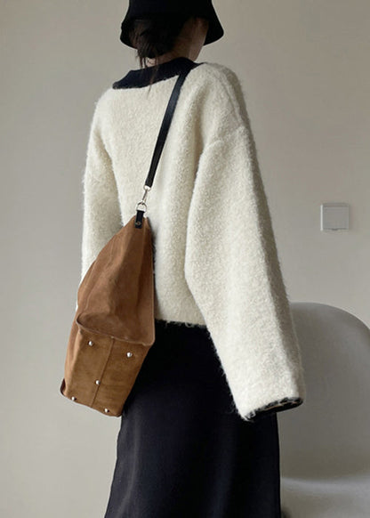 Loose White Button Thick Patchwork Woolen Coats Winter Wy005