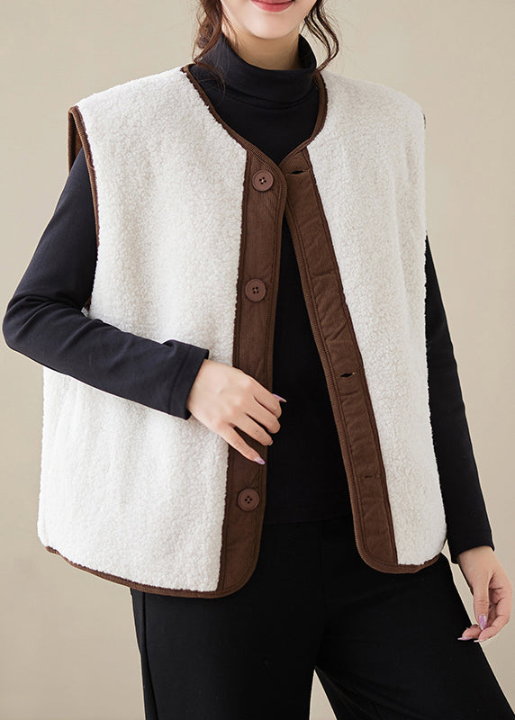 Loose White Button Wear on Both Sides Teddy Faux Fur Waistcoat Sleeveless Er002