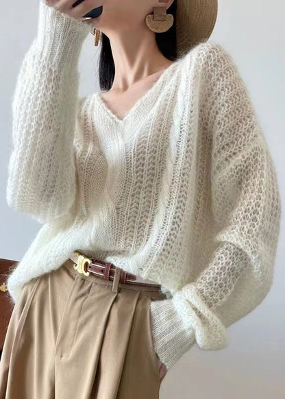 Loose White Hollow Out Knit Sweater Winter Wq048
