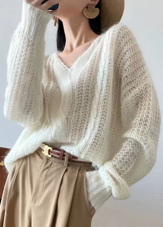 Loose White Hollow Out Knit Sweater Winter Wq048