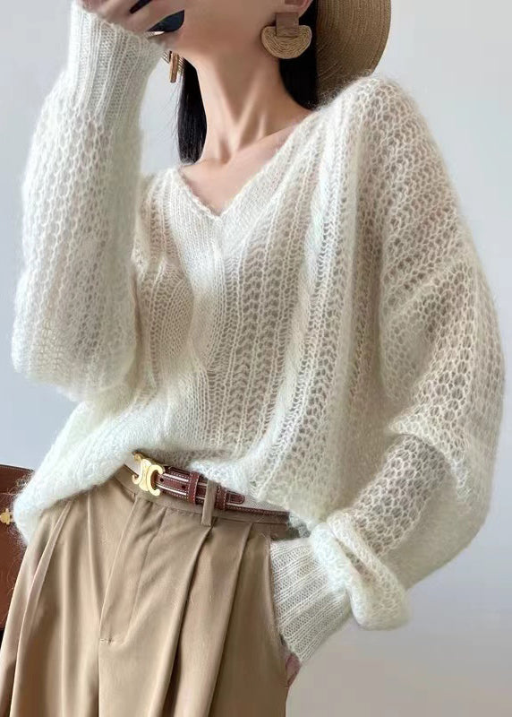 Loose White Hollow Out Knit Sweater Winter Wq048