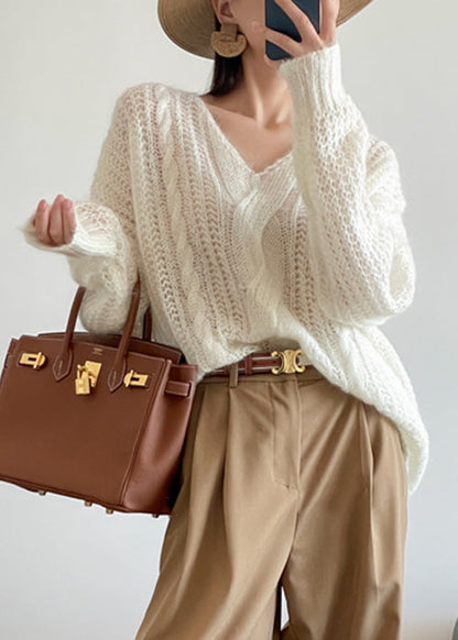 Loose White Hollow Out Knit Sweater Winter Wq048