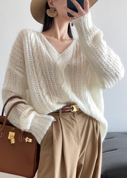 Loose White Hollow Out Knit Sweater Winter Wq048