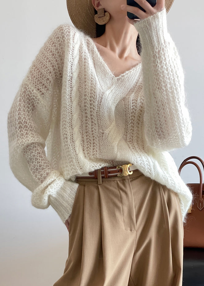 Loose White Hollow Out Knit Sweater Winter Wq048