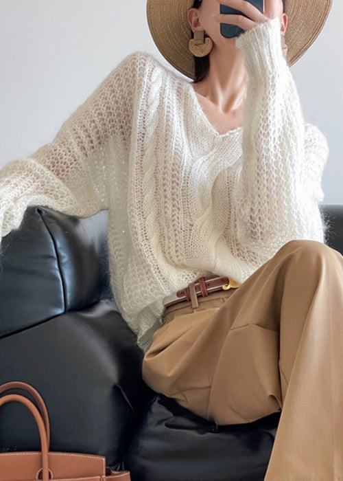 Loose White Hollow Out Knit Sweater Winter Wq048