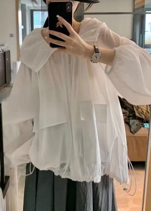 Loose White Hooded Pockets Drawstring Cotton Coat Long Sleeve Au1046