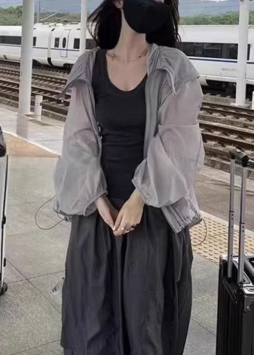 Loose White Hooded Pockets Drawstring Cotton Coat Long Sleeve Au1046