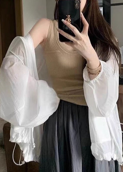 Loose White Hooded Pockets Drawstring Cotton Coat Long Sleeve Au1046