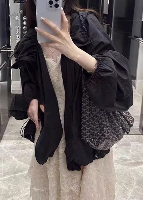 Loose White Hooded Pockets Drawstring Cotton Coat Long Sleeve Au1046