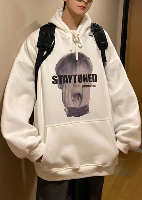 Loose White Hooded Print Pockets Cotton Sweatshirt Spring Yq020