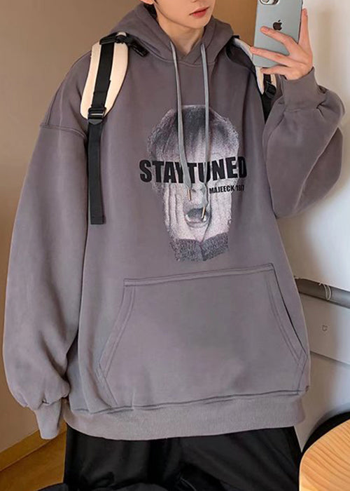 Loose White Hooded Print Pockets Cotton Sweatshirt Spring Yq020