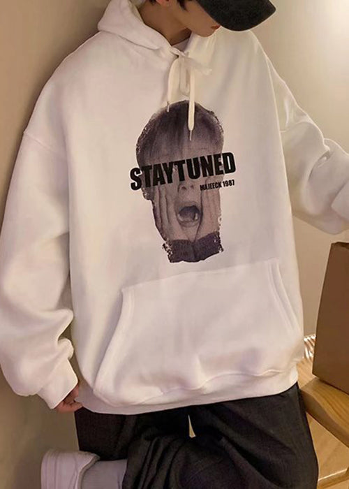 Loose White Hooded Print Pockets Cotton Sweatshirt Spring Yq020