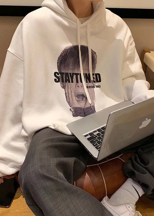 Loose White Hooded Print Pockets Cotton Sweatshirt Spring Yq020