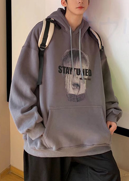 Loose White Hooded Print Pockets Cotton Sweatshirt Spring Yq020