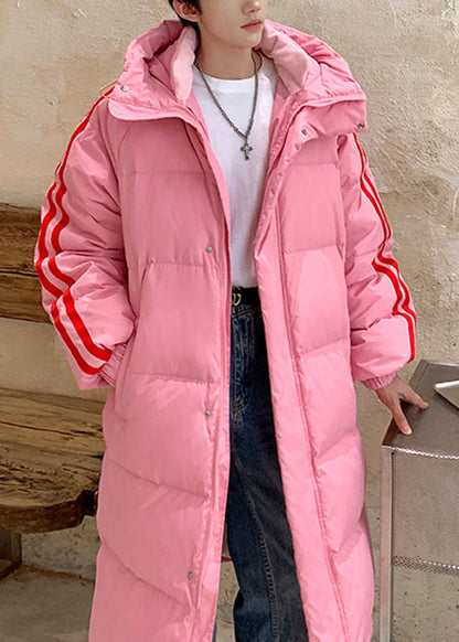 Loose White Hooded Striped Duck Down Down Long Coat Winter Rm020