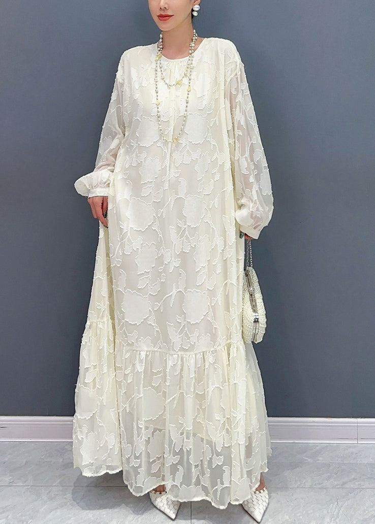 Loose White O Neck Print Tie Waist Maxi Dresses Fall Ar1036