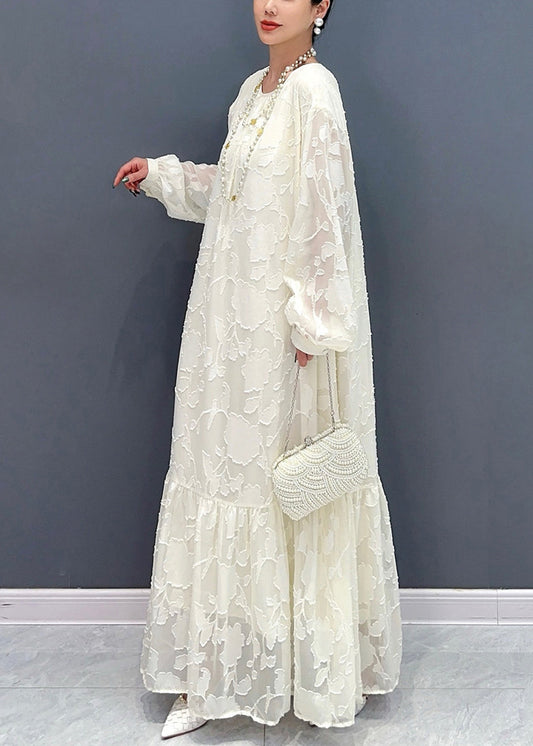 Loose White O Neck Print Tie Waist Maxi Dresses Fall Ar1036