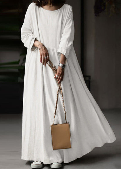 Loose White O Neck Cotton Maxi Dress Long Sleeve Ff053