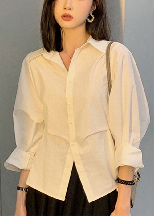 Loose White Peter Pan Collar Button Patchwork Cotton Blouse Fall Tu001