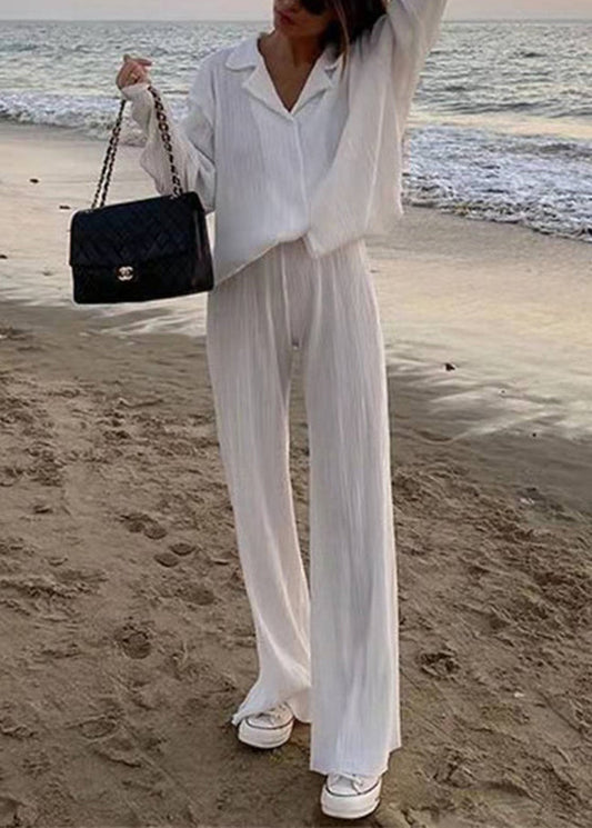 Loose White Peter Pan Collar Wrinkled Shirt and Wide Leg Pants Two Pieces Set Spring Ly1961