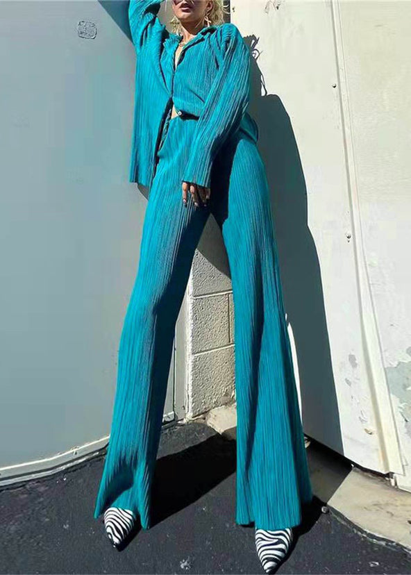 Loose White Peter Pan Collar Wrinkled Shirt and Wide Leg Pants Two Pieces Set Spring Ly1961