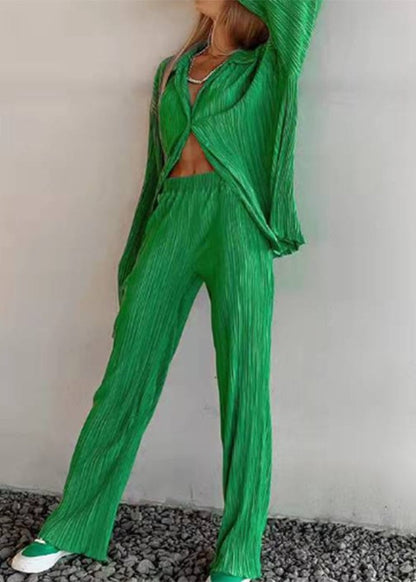 Loose White Peter Pan Collar Wrinkled Shirt and Wide Leg Pants Two Pieces Set Spring Ly1961
