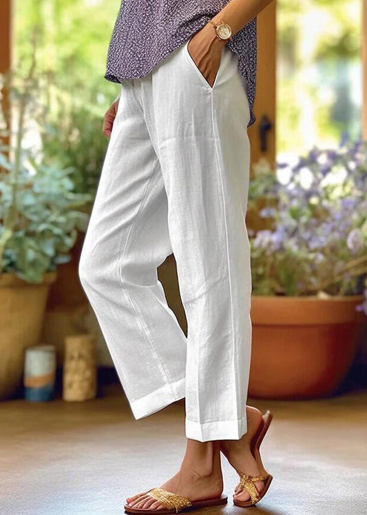Loose White Pockets High Waist Cotton Crop Pants Summer Qe050