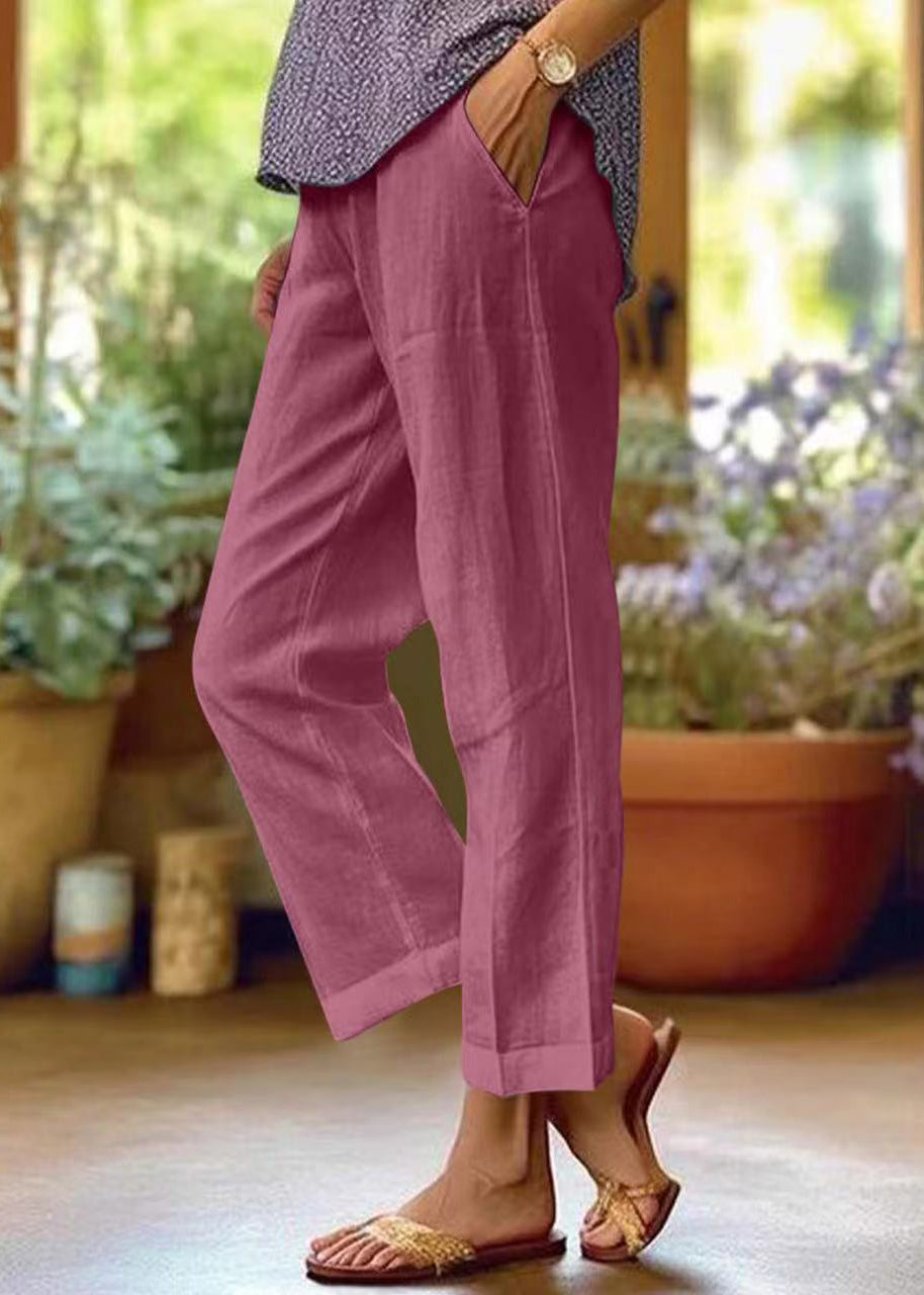Loose White Pockets High Waist Cotton Crop Pants Summer Qe050