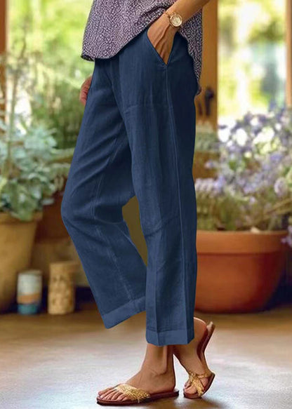 Loose White Pockets High Waist Cotton Crop Pants Summer Qe050