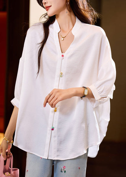 Loose White Ruffled Button Blouses Bracelet Sleeve Ac1016