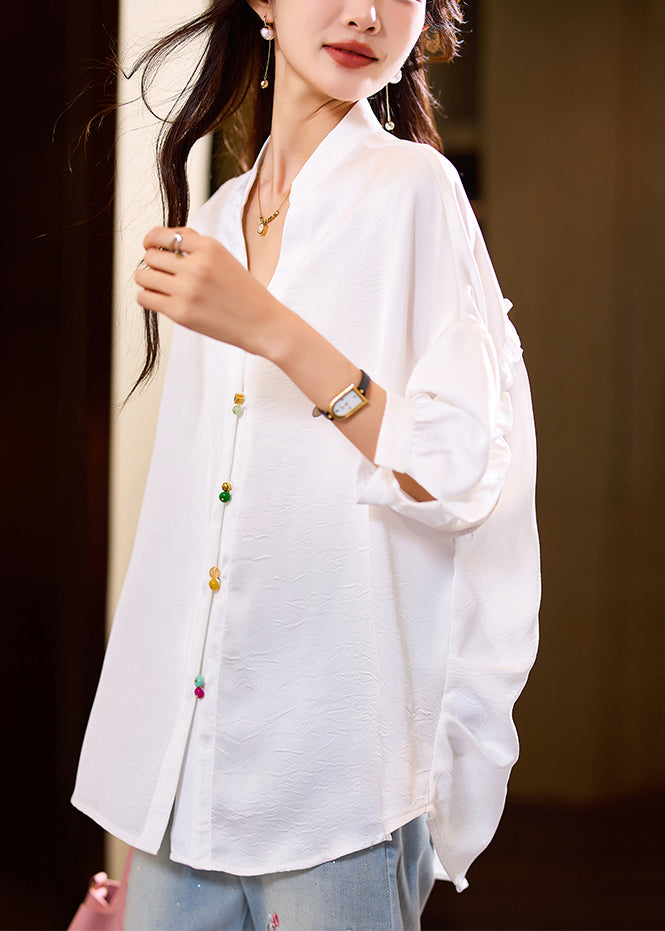 Loose White Ruffled Button Blouses Bracelet Sleeve Ac1016