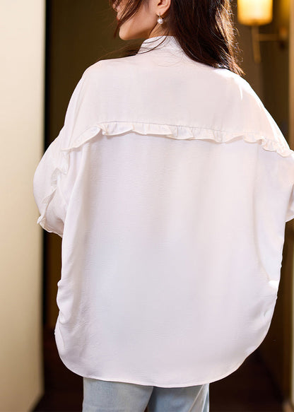 Loose White Ruffled Button Blouses Bracelet Sleeve Ac1016