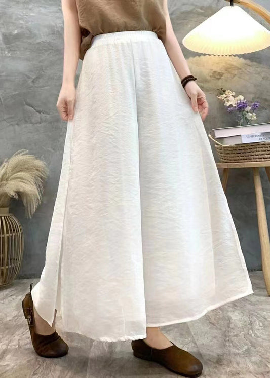 Loose White Side Open Elastic Waist Linen Crop Pants Summer Au1068