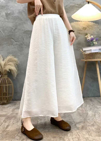 Loose White Side Open Elastic Waist Linen Crop Pants Summer Au1068