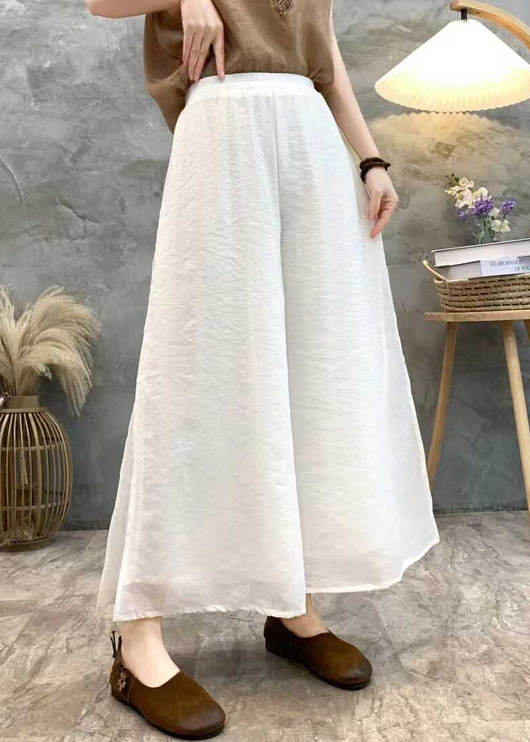 Loose White Side Open Elastic Waist Linen Crop Pants Summer Au1068