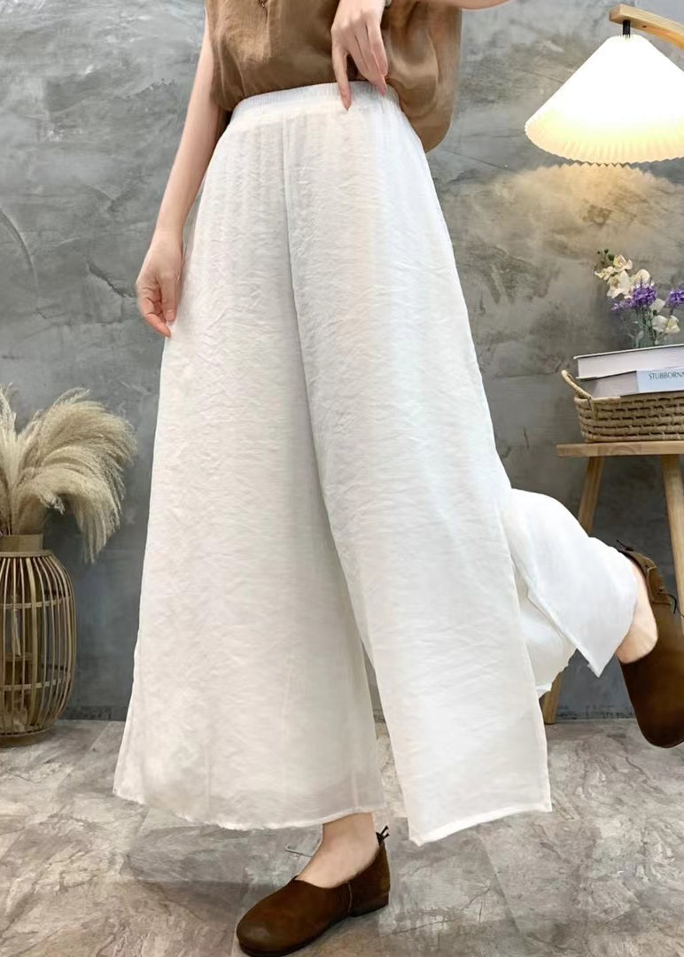 Loose White Side Open Elastic Waist Linen Crop Pants Summer Au1068