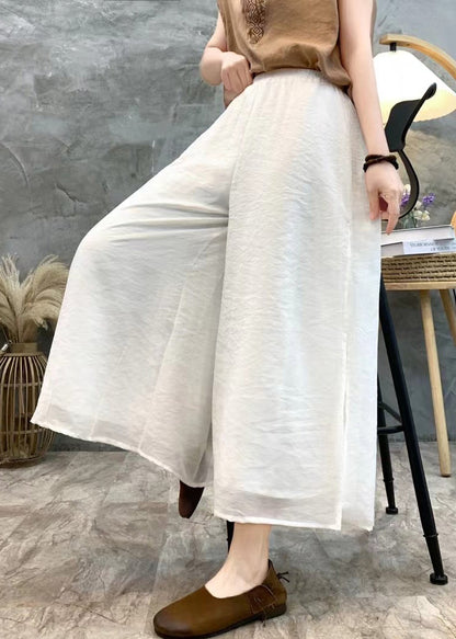 Loose White Side Open Elastic Waist Linen Crop Pants Summer Au1068