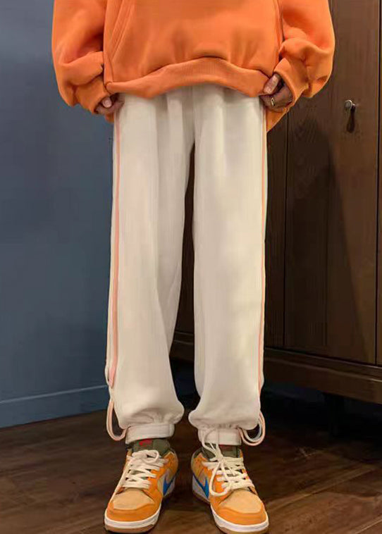 Loose White Striped Pockets High Waist Pants Winter Wa036