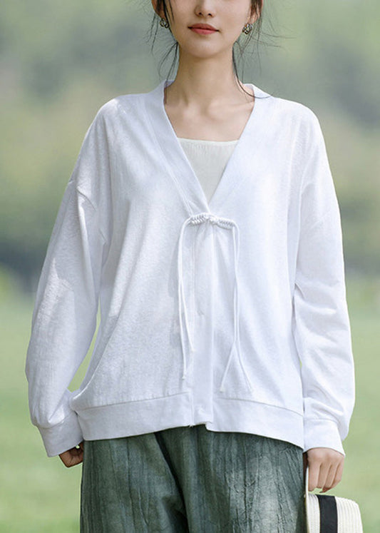 Loose White Tasseled Thin Cotton Loose Coat Long Sleeve Lk016
