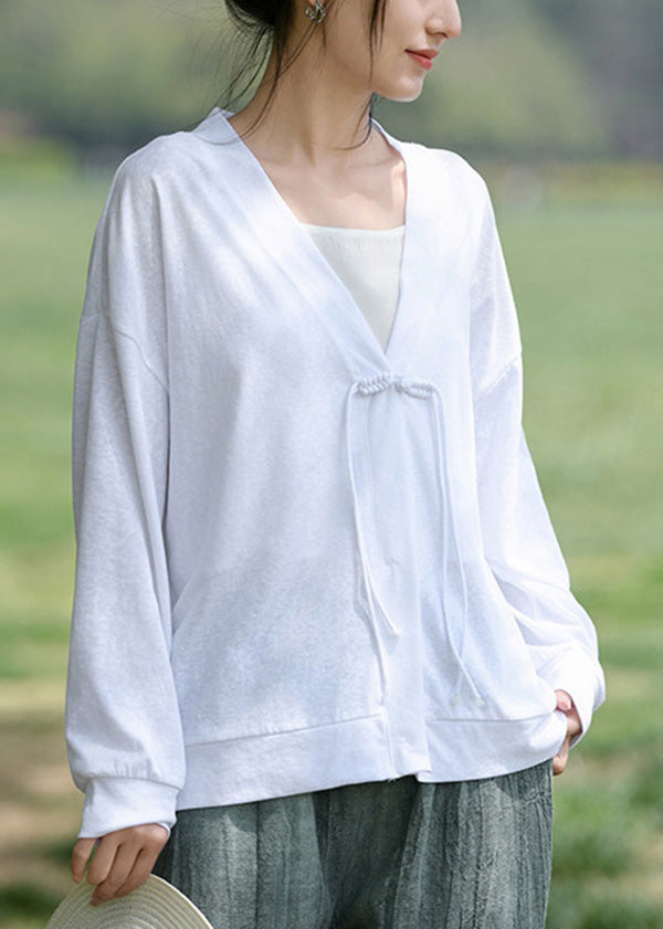 Loose White Tasseled Thin Cotton Loose Coat Long Sleeve Lk016