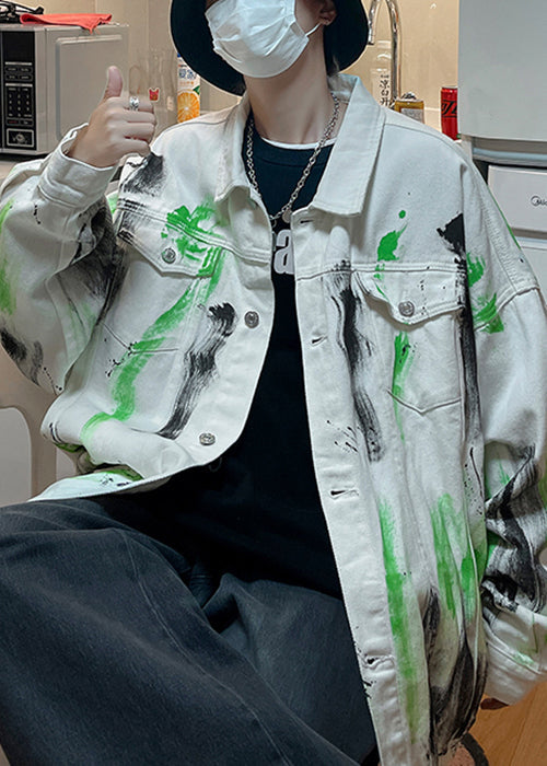 Loose White Tie Dye Button Denim Coat Fall Wa029