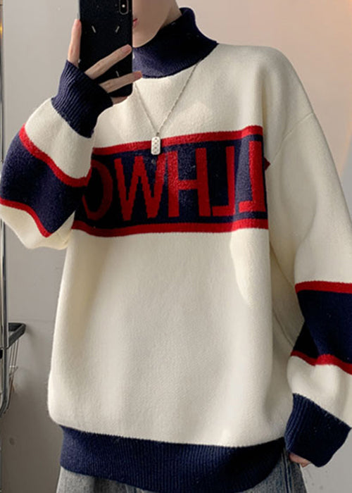 Loose White Turtleneck Letter Patchwork Knit Sweater Winter Rj048
